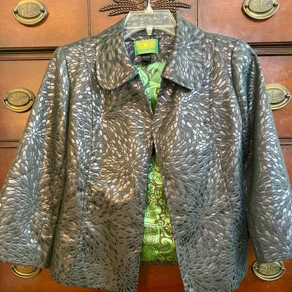 Tracy Porter Textured Metallic Gunmetal Gray Blazer